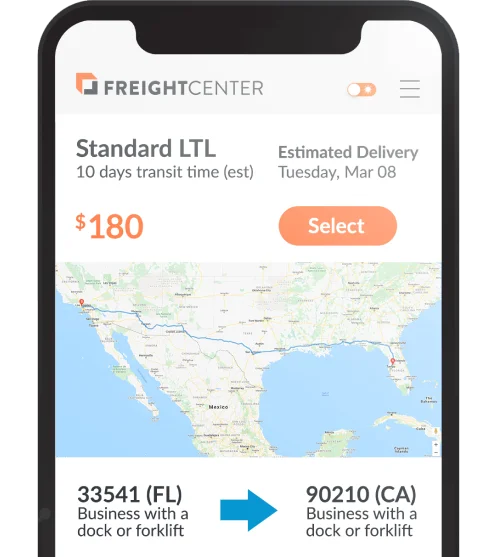 FreightCenter shipping rates screen displayed on a mobile phone