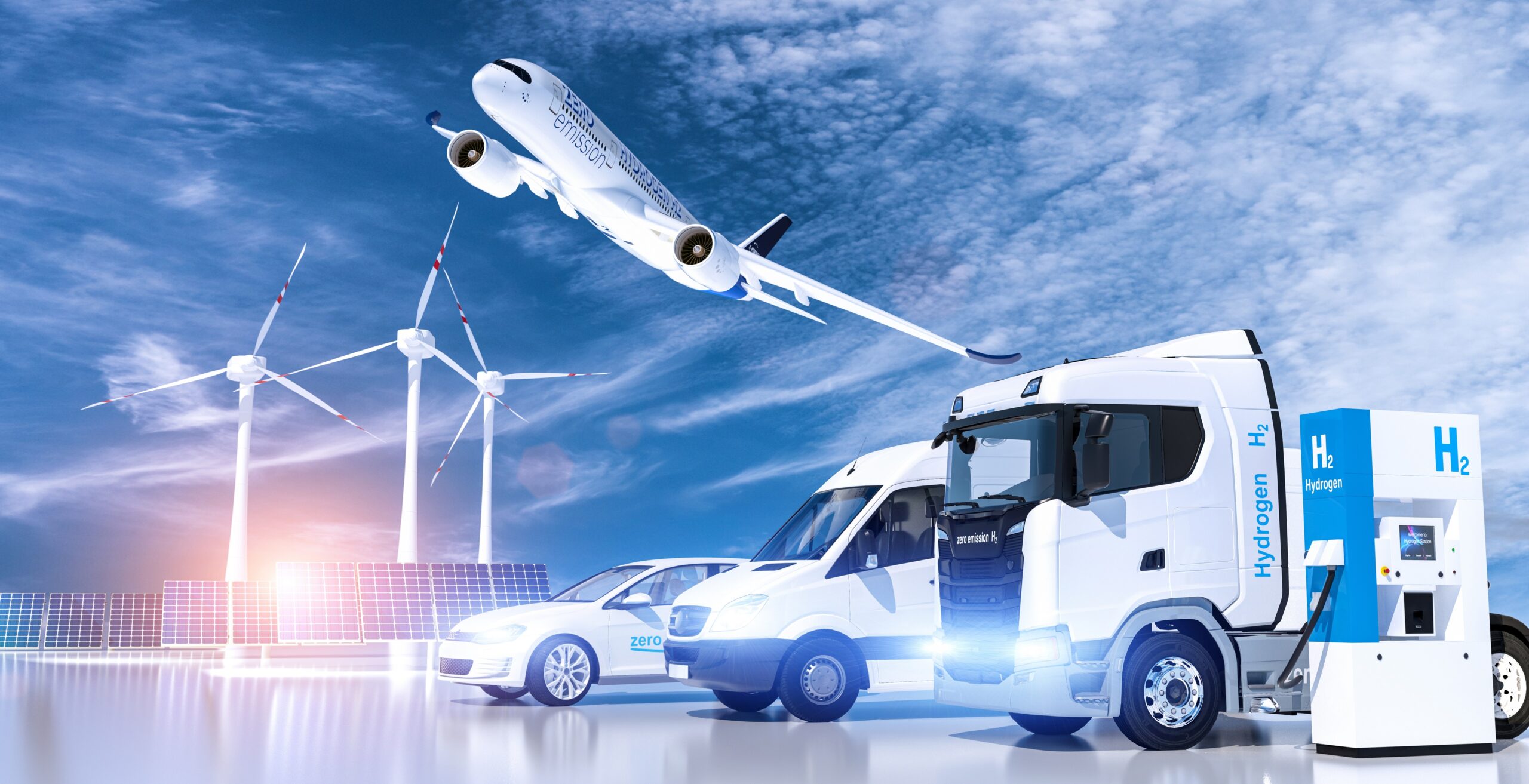 Hydrogen powered transportation vehicles truck plane car deliver van filling station photo