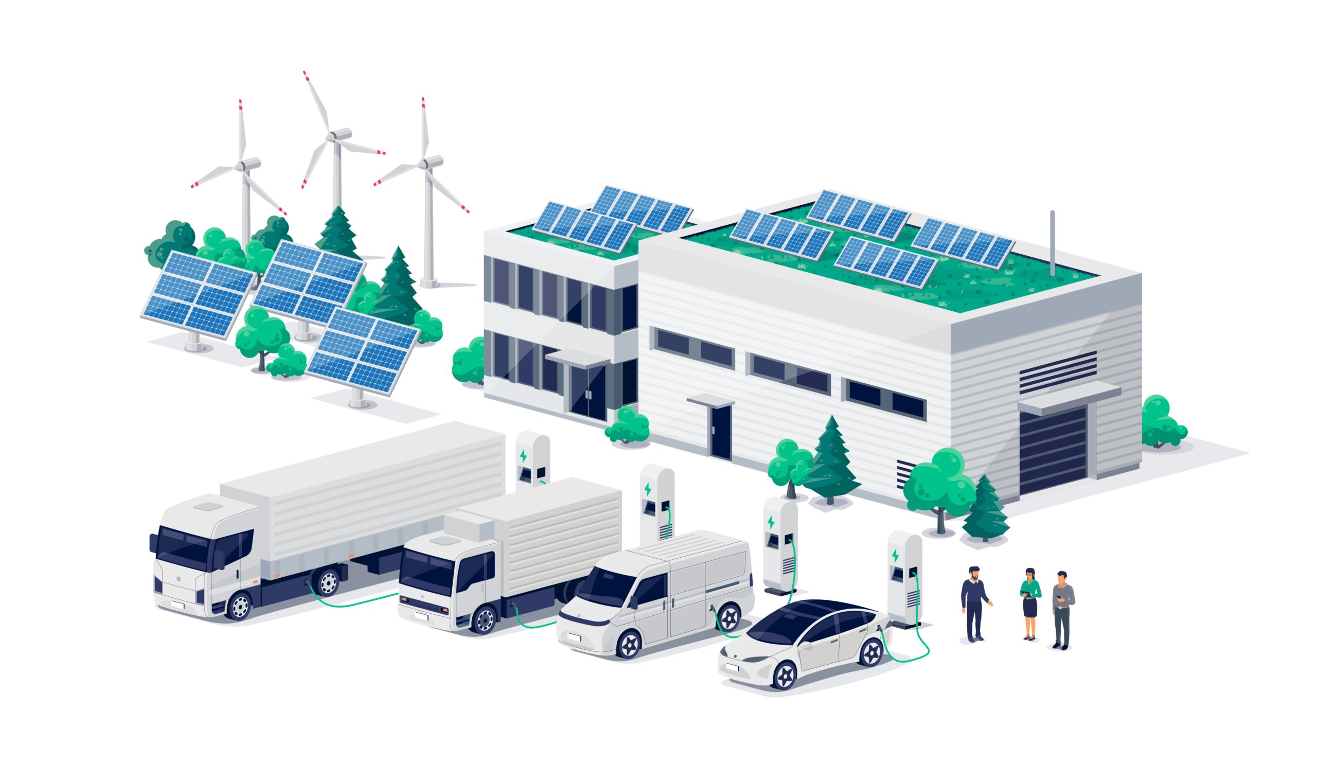 Renewable-energy charging station for freight trucks illustration.