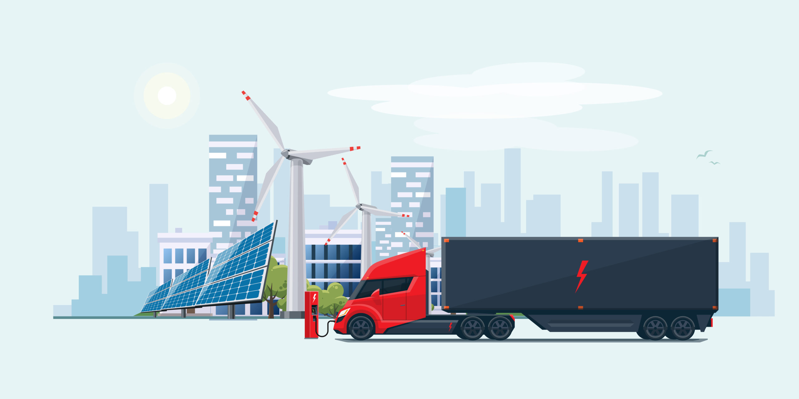 Electric freight truck charging at station illustration