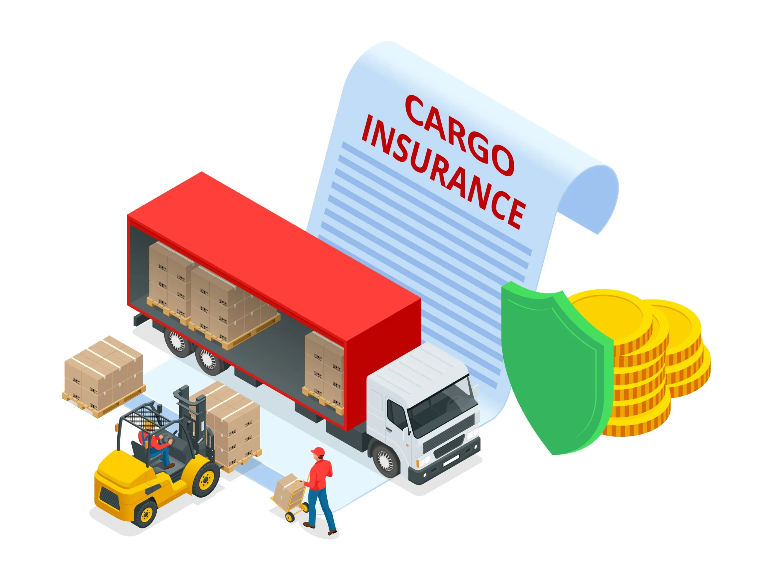 cargo insurance illustration with a truck and forklift loading pallets