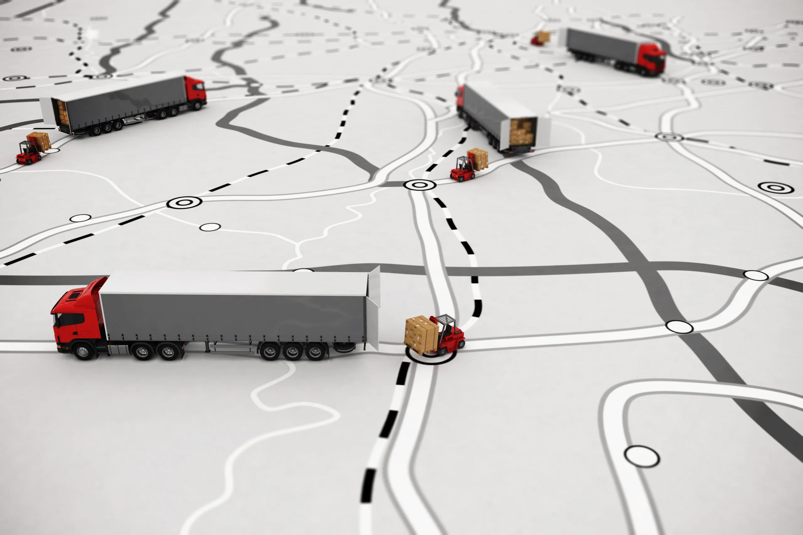 red and white tractor trailers on a map with red forklifts loading boxes into the back of the trailers