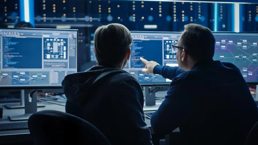 two guys reviewing data and cybersecurity system