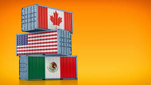 3 shipping containers stacked on top of each other with the Canadian, American, and Mexico flags on the sides.