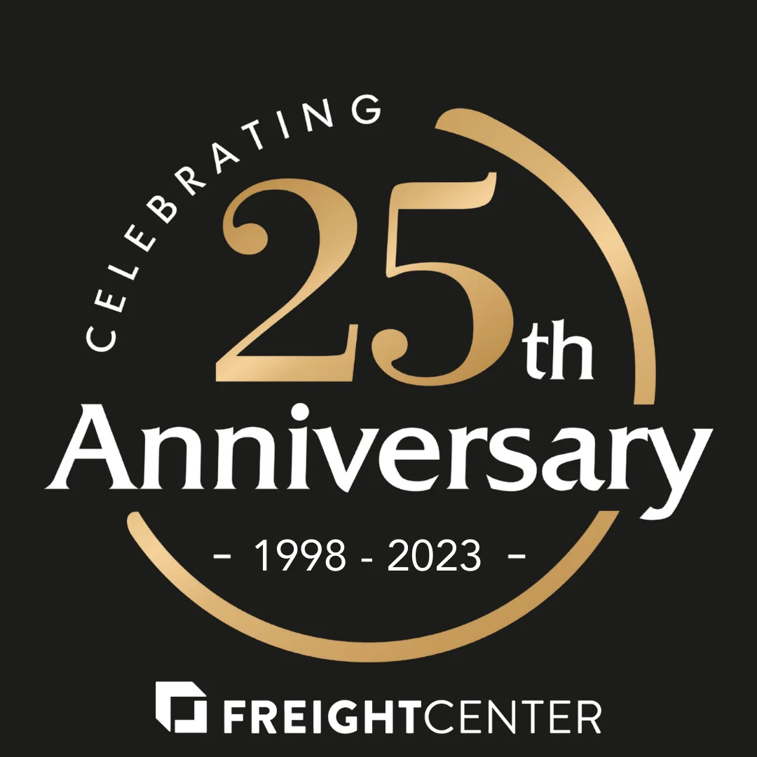 black and gold FreightCenter 25th anniversary logo