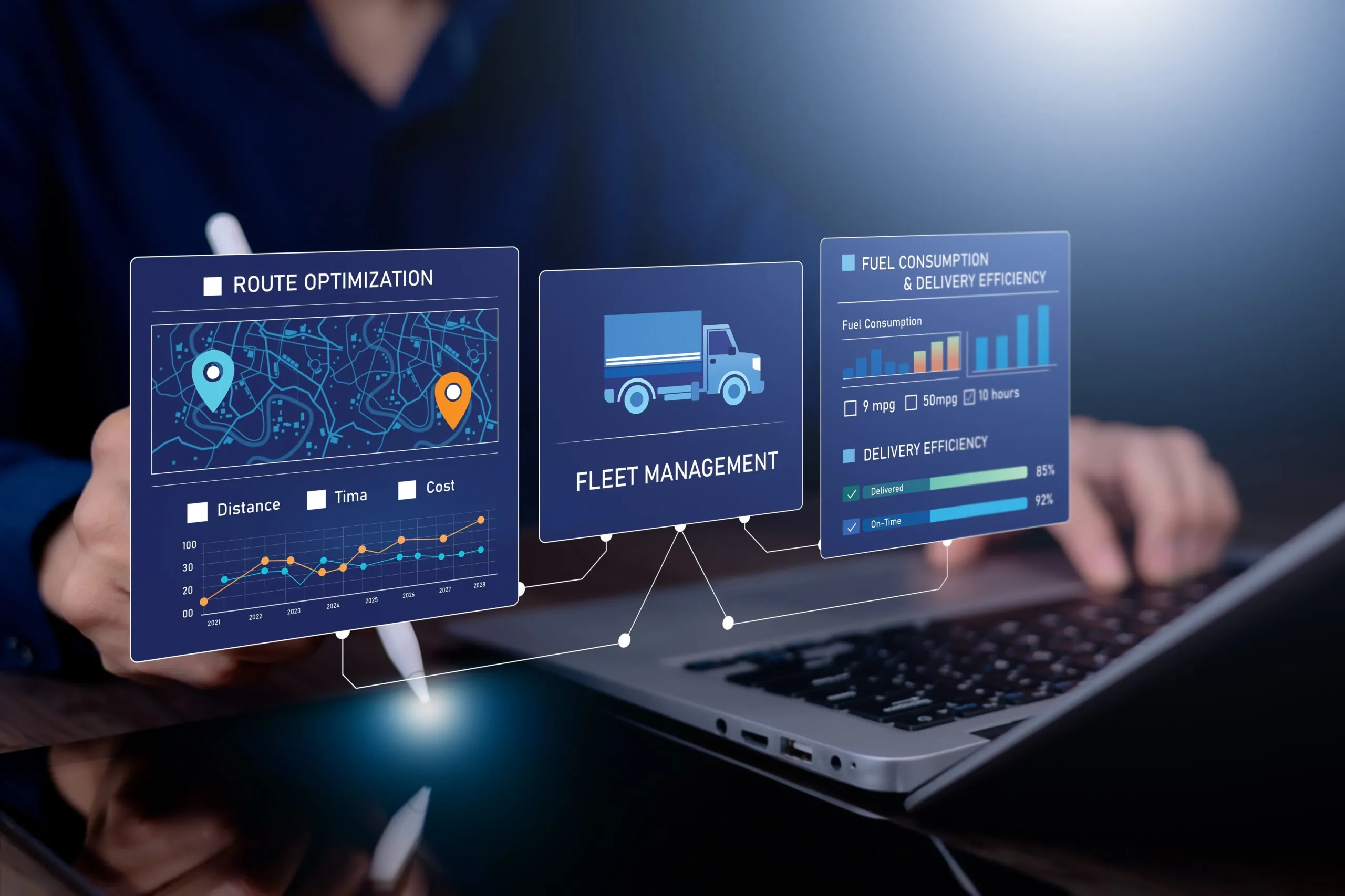 3D freight analytics graphic over laptop scaled