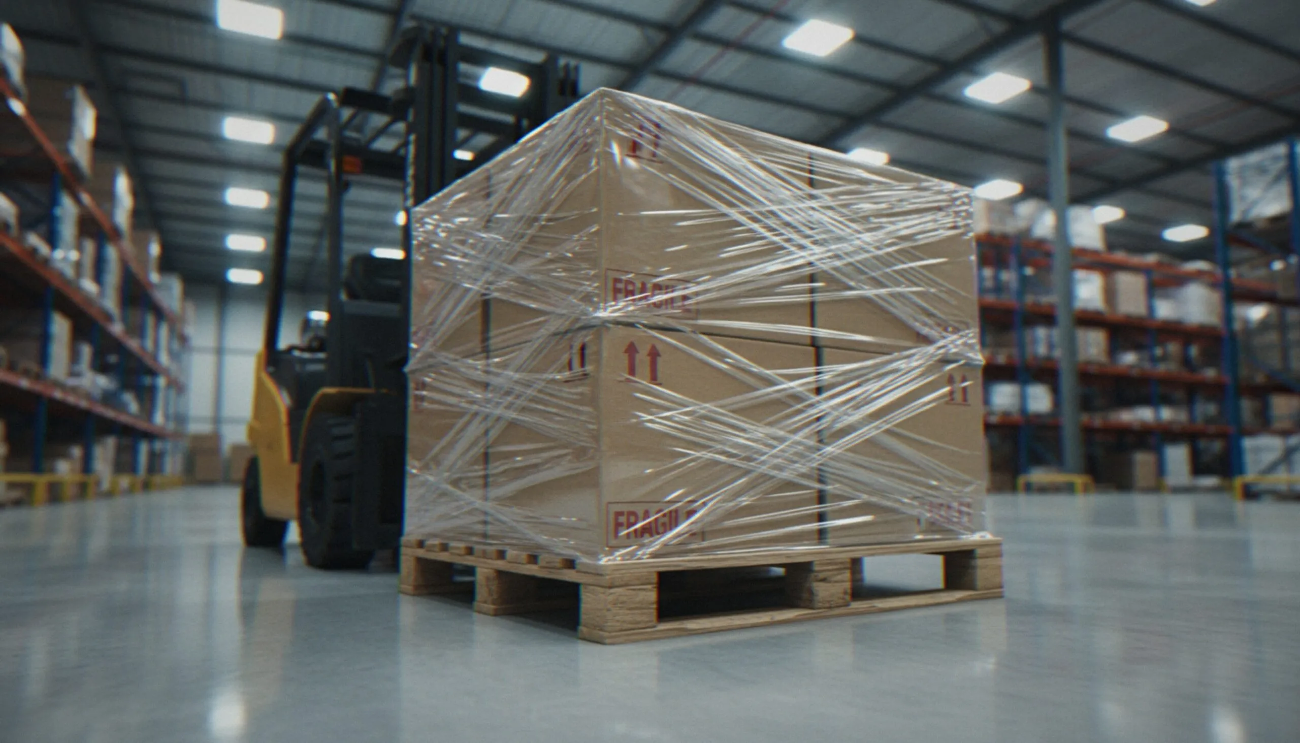 cardboard boxes shrink wrapped on to pallet in warehouse scaled