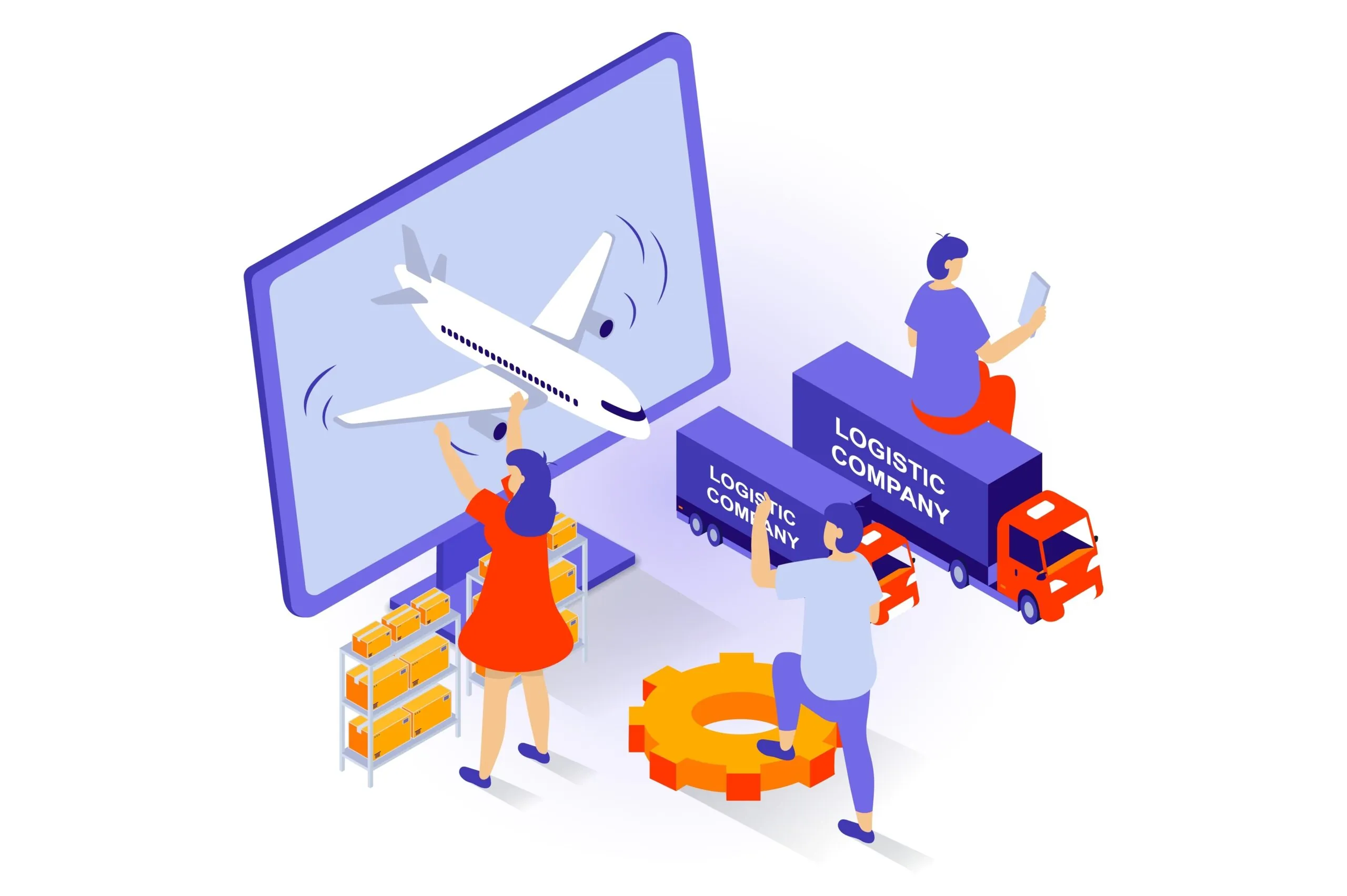 drawn graphic with people plane trucks logistic company scaled