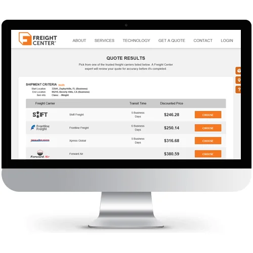 FreightCenter website displayed on a desktop computer