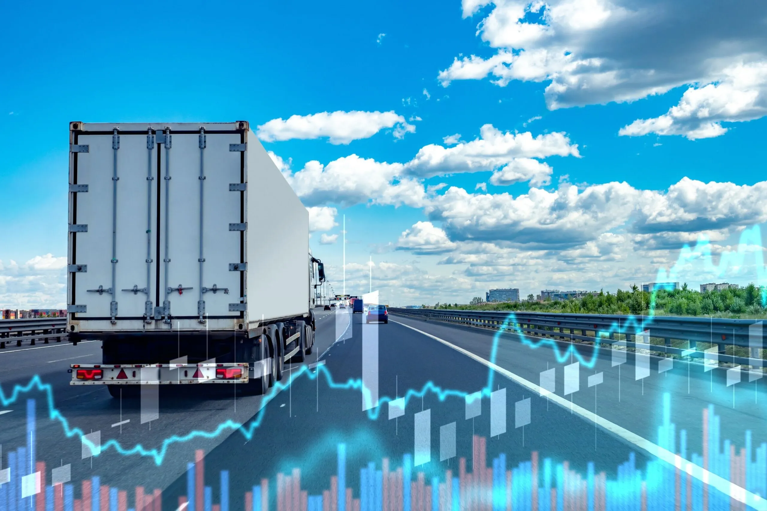 semi truck driving on highway with bar graph graphic scaled
