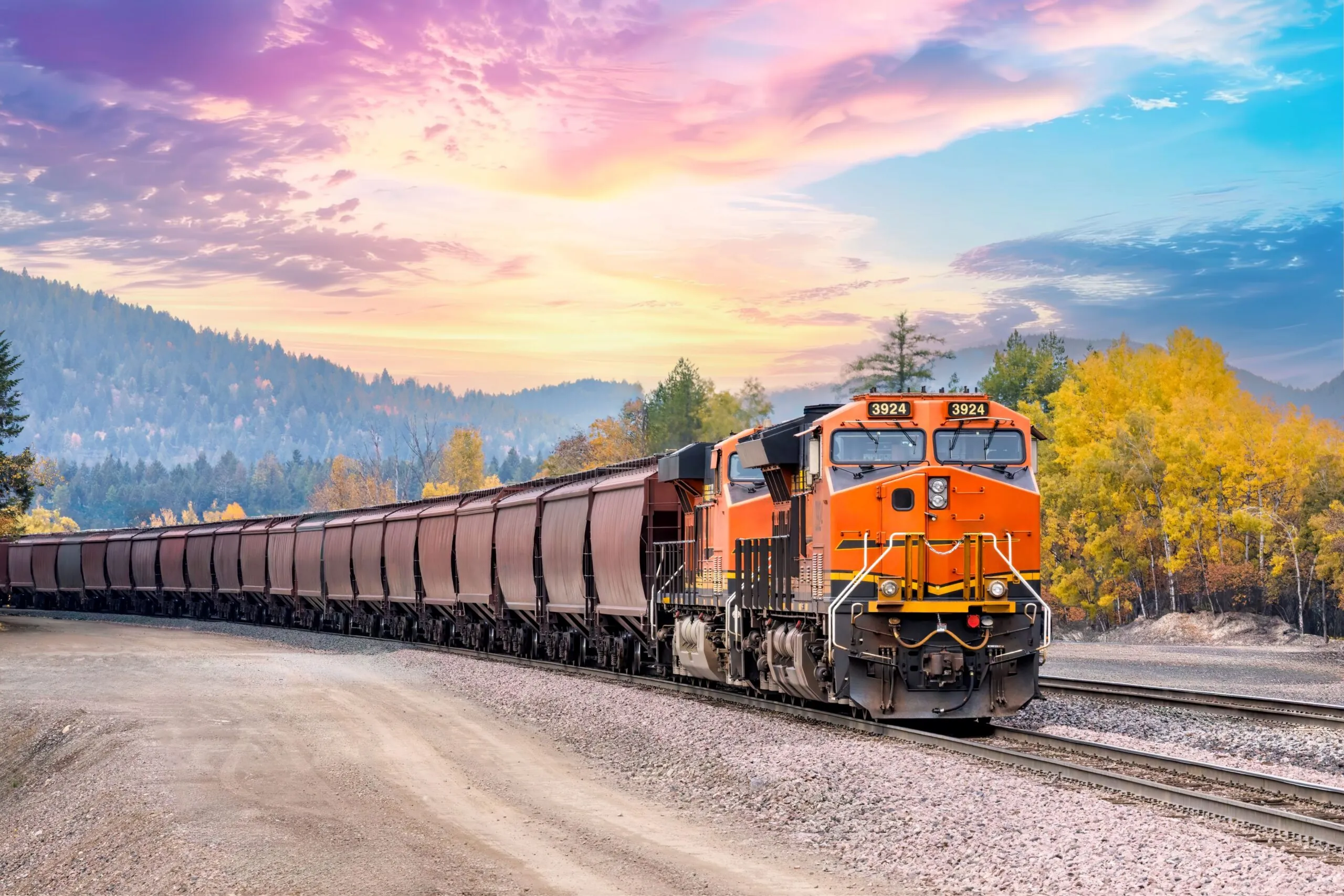 freight train traveling through forest at sunset