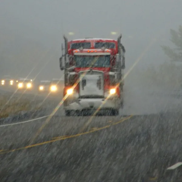 Red Semi Truck in Rain