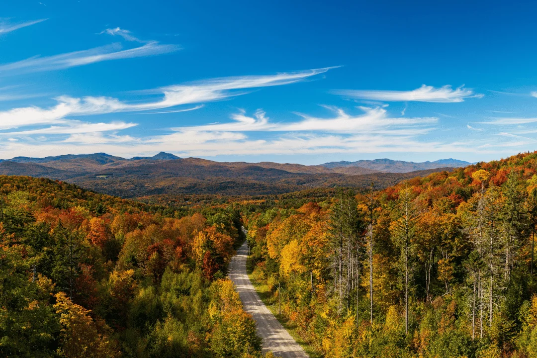 America's Haunted Highways Moretown Mountain Road between Moretown and Northfield in Vermont during the autumn on partly cloudy day