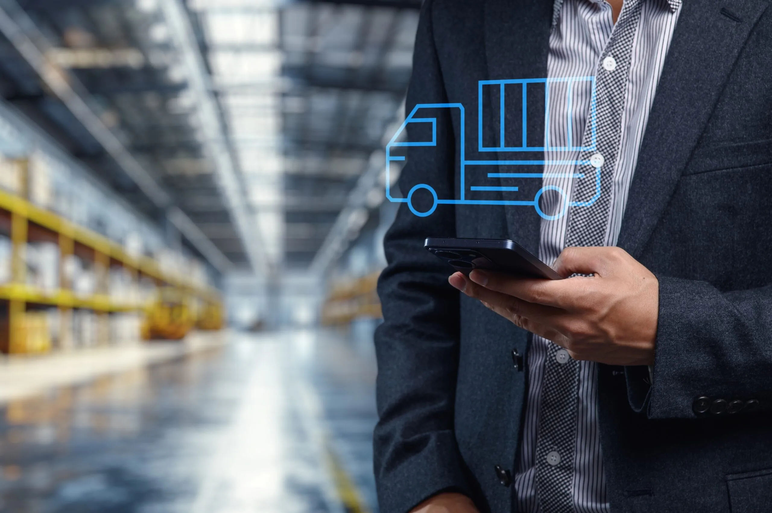business man holds smartphone in warehouse with truck graphic above