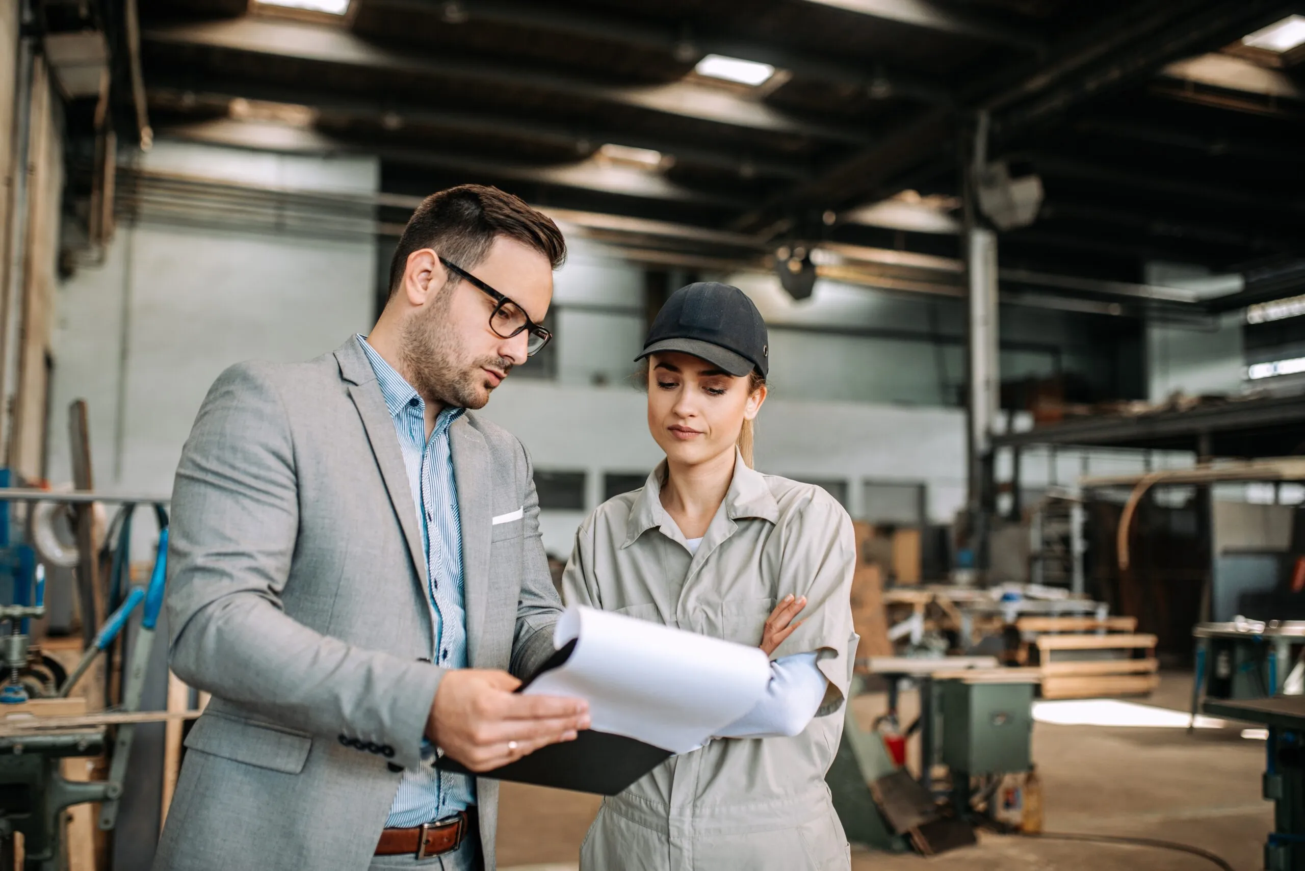 business man showing logistics worker papers on clipboard