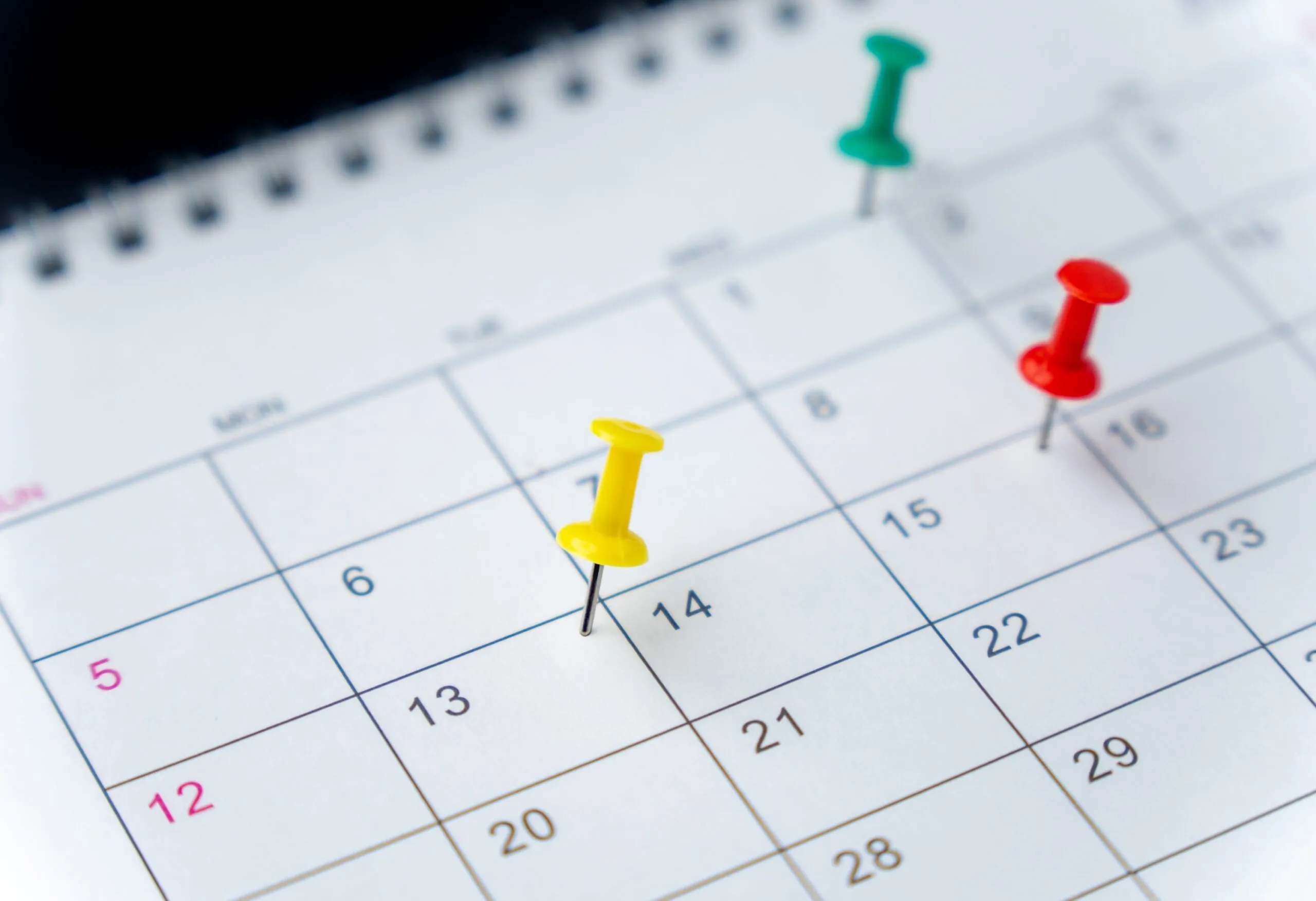 close up of calendar with three colorful push pins