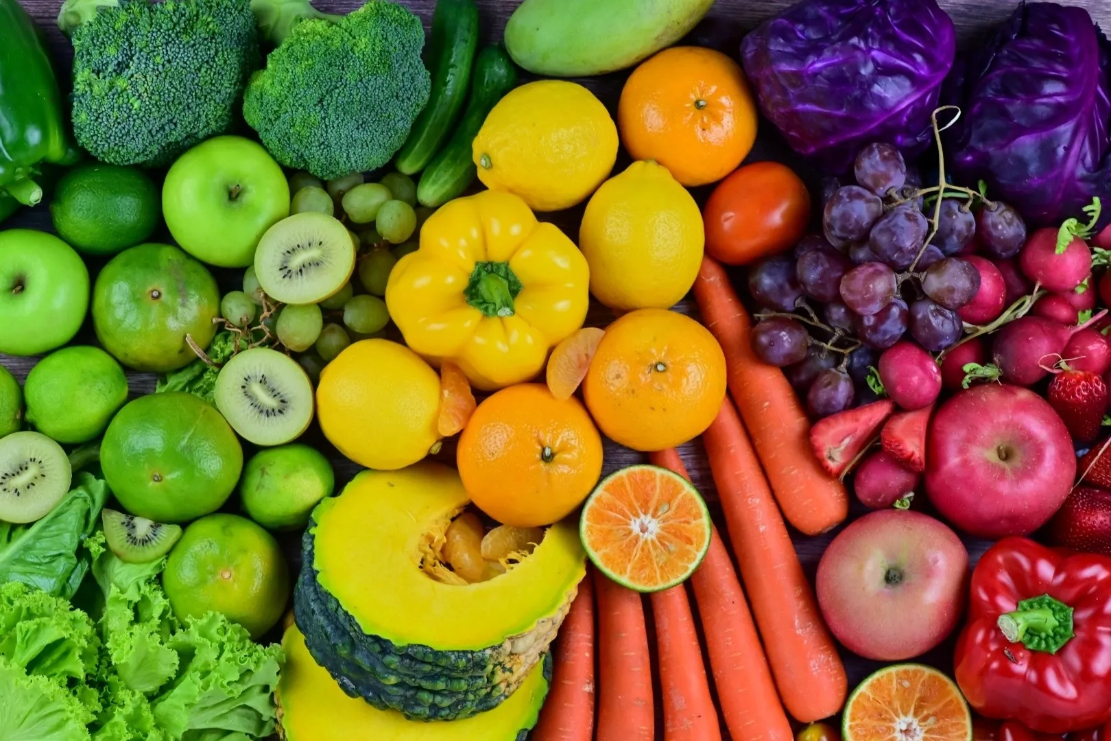 colorful fruit arranged as rainbow