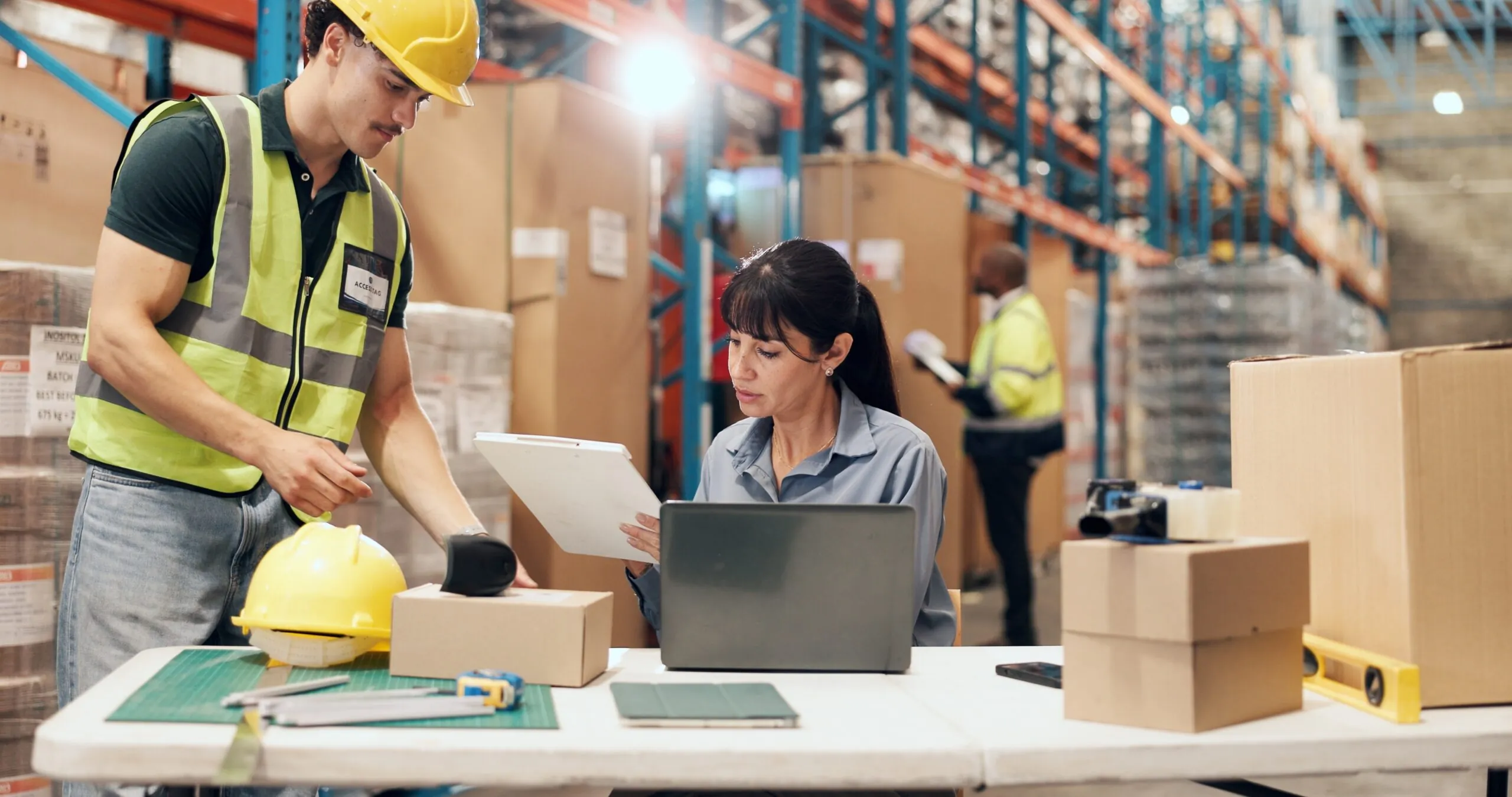 logistics workers at desk in warehouse