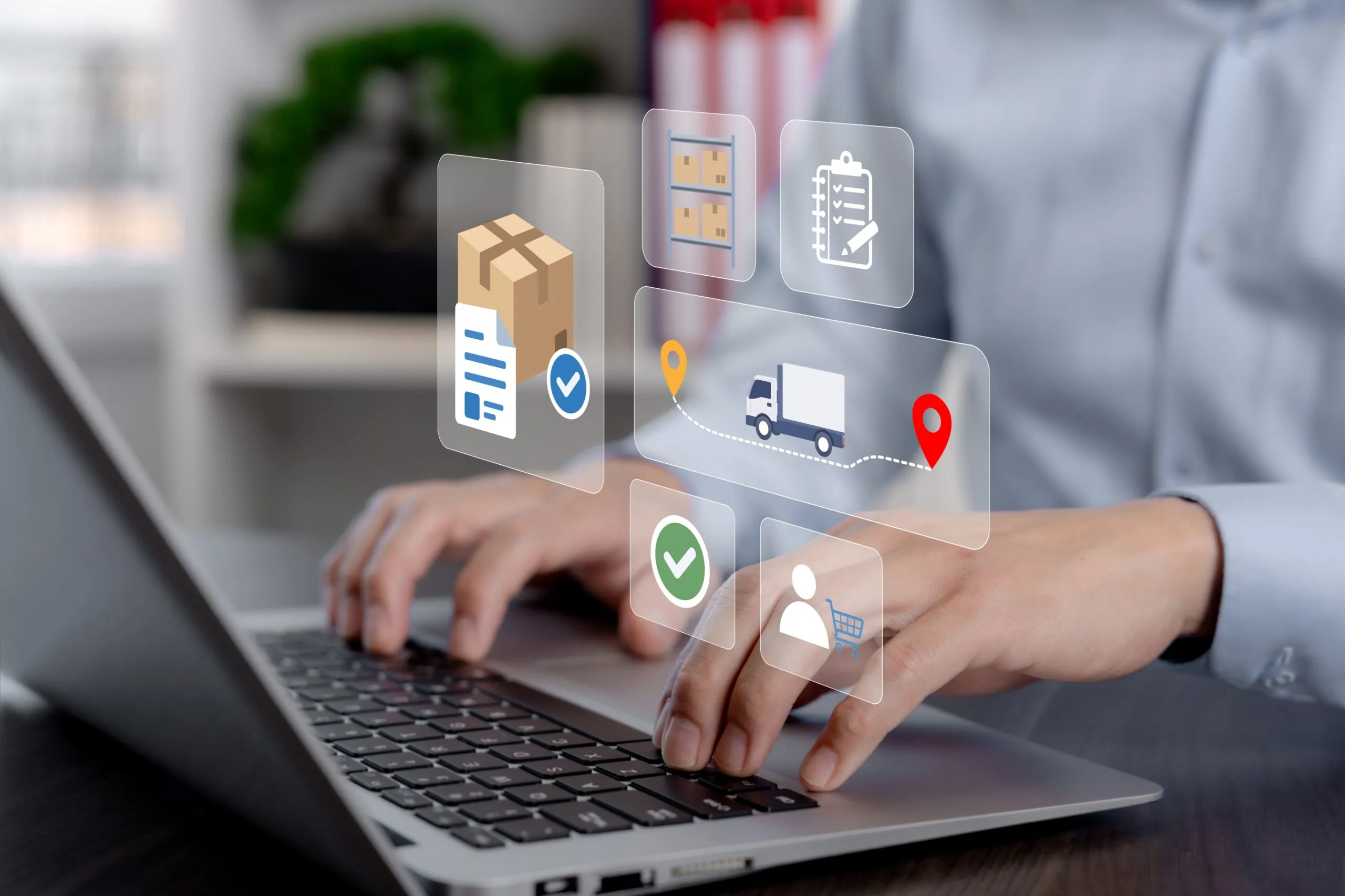 person typing on keyboard virtual logistics dashboard on top