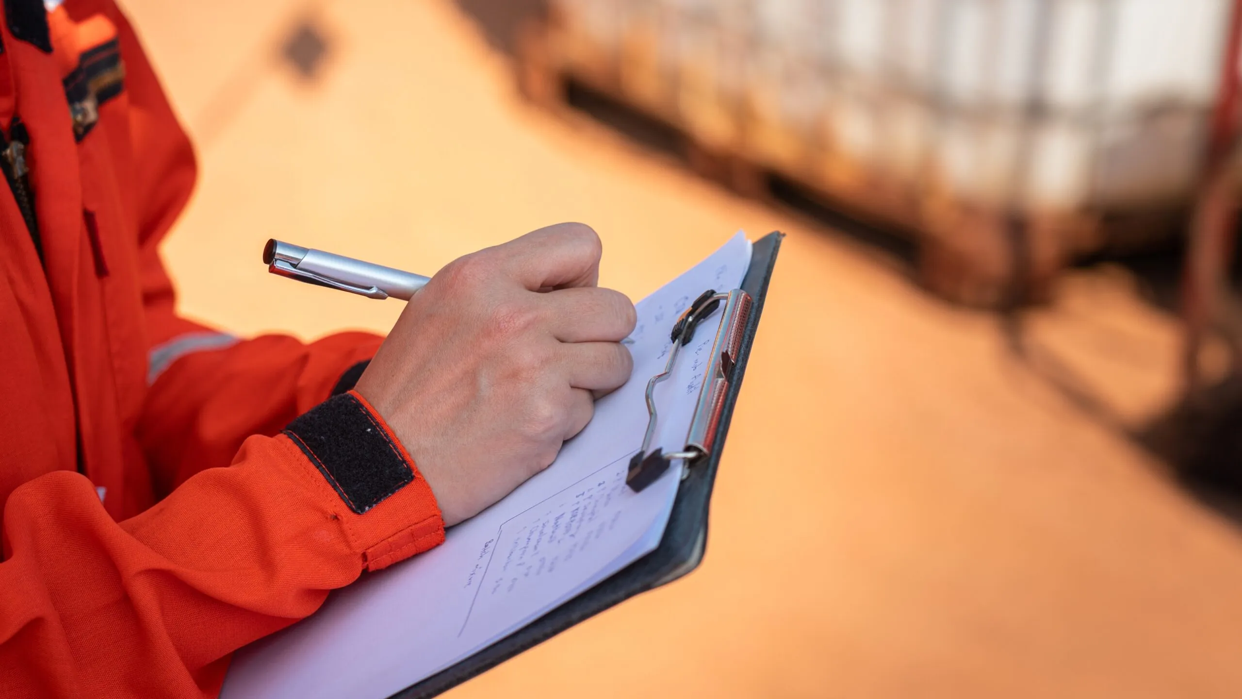 person writing on paper on clipboard