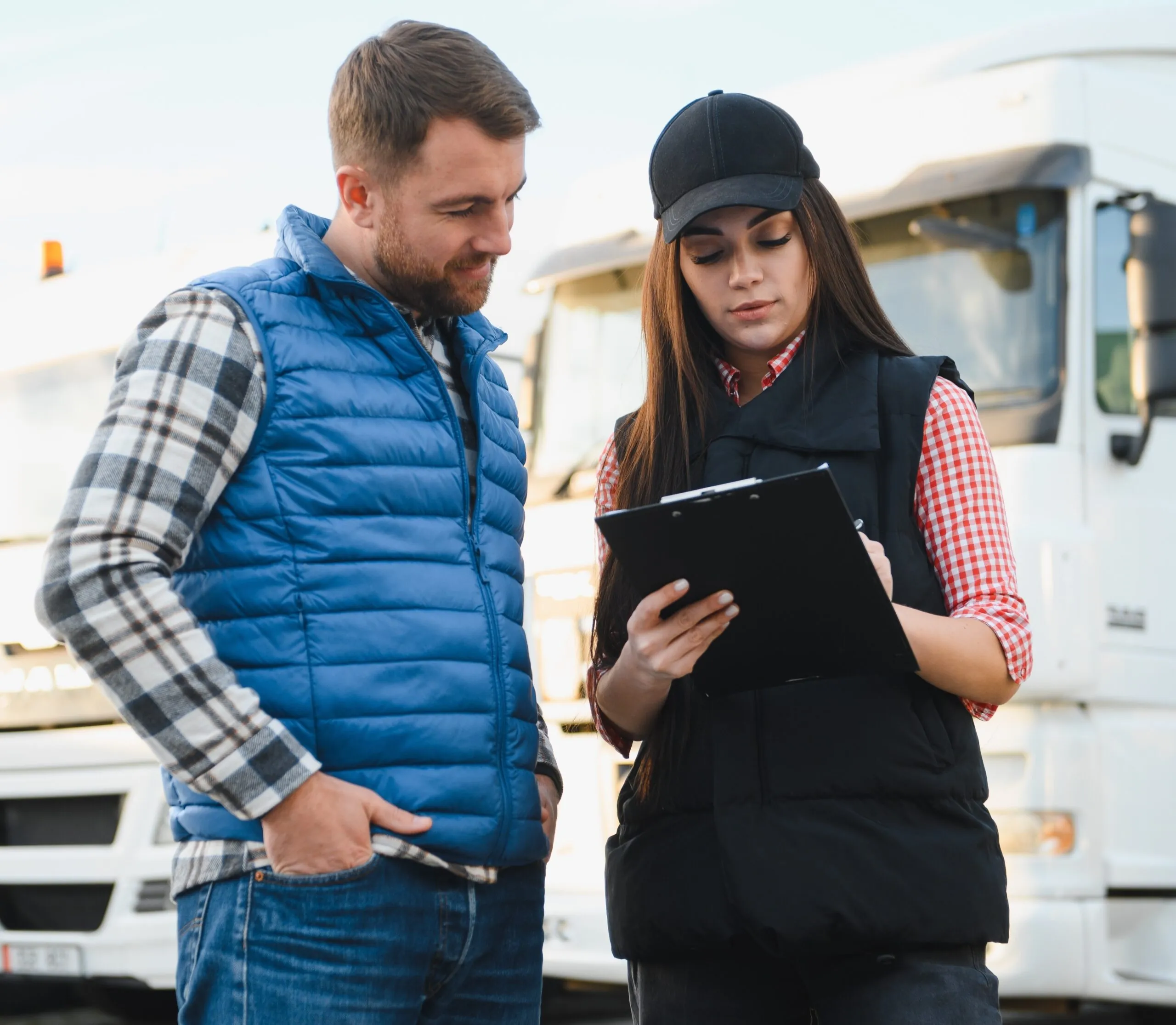two workers in front of trucks looking at a clipboard
