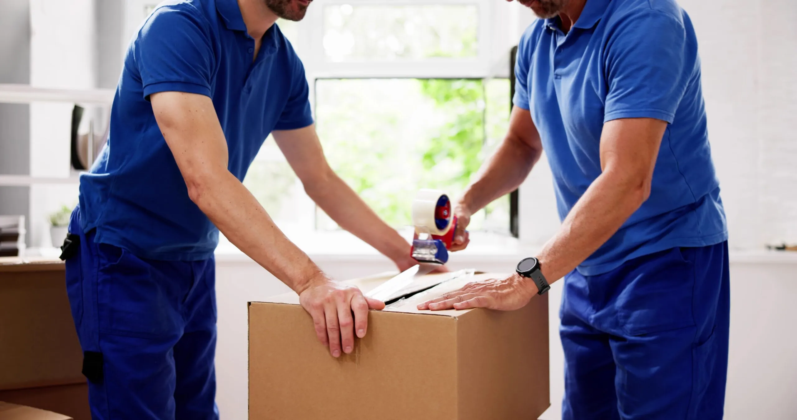 two workers packaging a cardboard box