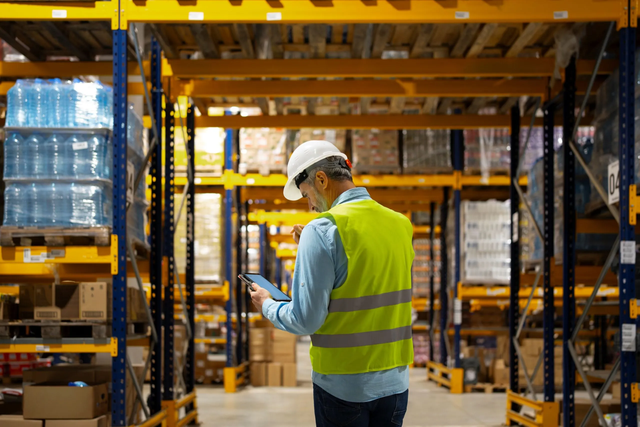 warehouse worker checking tablet in warehouse