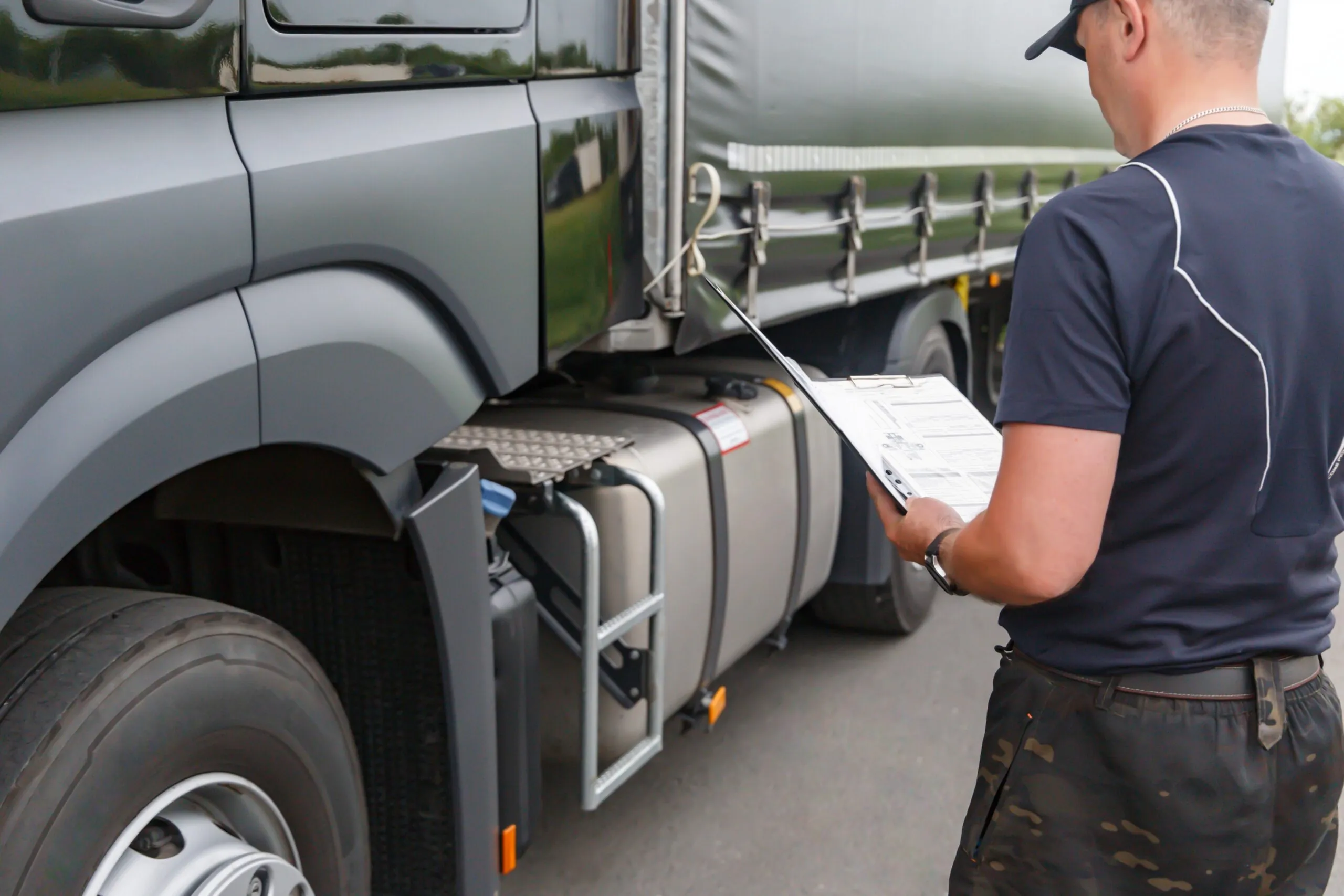 worker looking at paperwork while inspecting semi truck