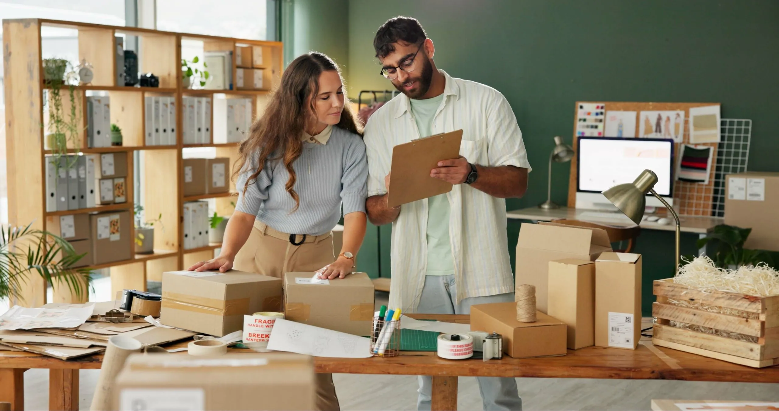 small business owners looking at clipboard while packaging shipments in office