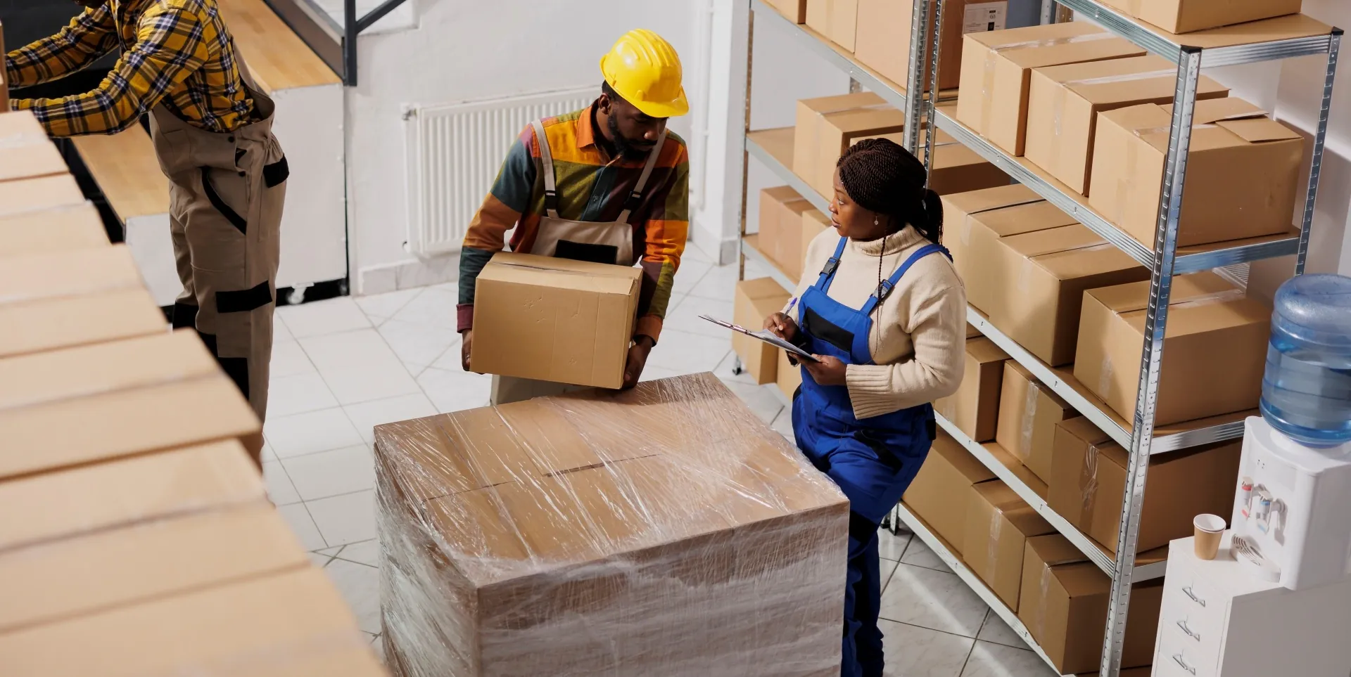 workers in warehouse room standing next to palletized shipment, Differences Between LTL and a Parcel