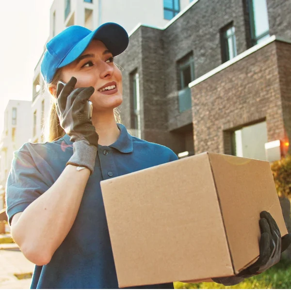 a women holding a box discussing the pros and cons of final mile delivery 
