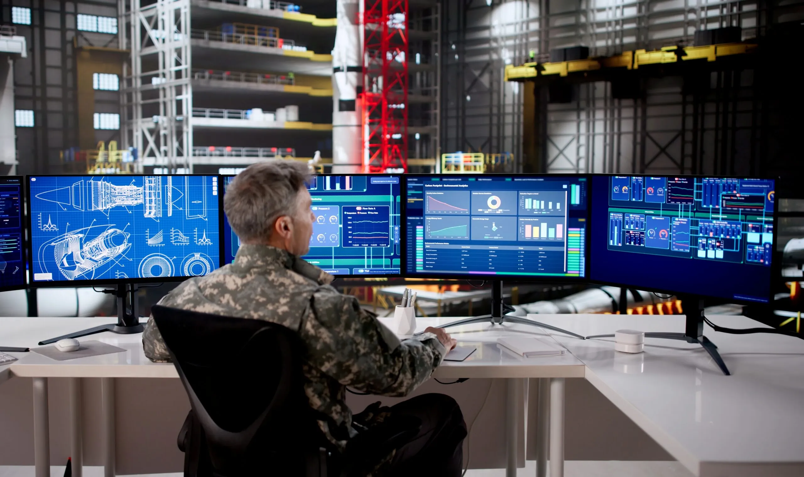 military personnel at desk typing on computer in aerospace facility