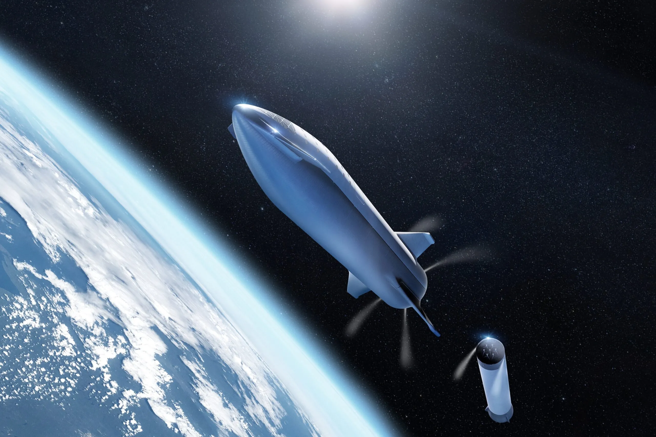 rendering of rocket in space orbiting earth