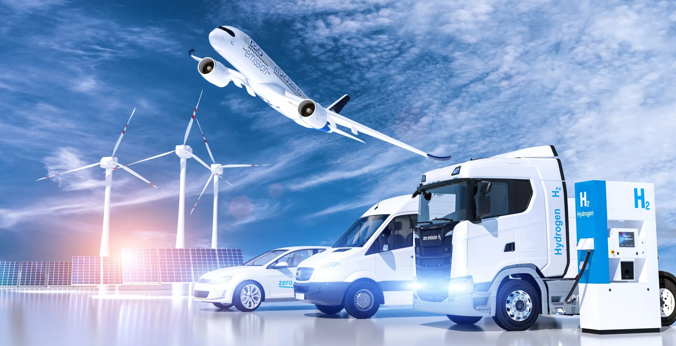 Plane, Transport Van, and Freight Truck refueling at Hydrogen Fuel station with windmills and solar panels in the backdrop