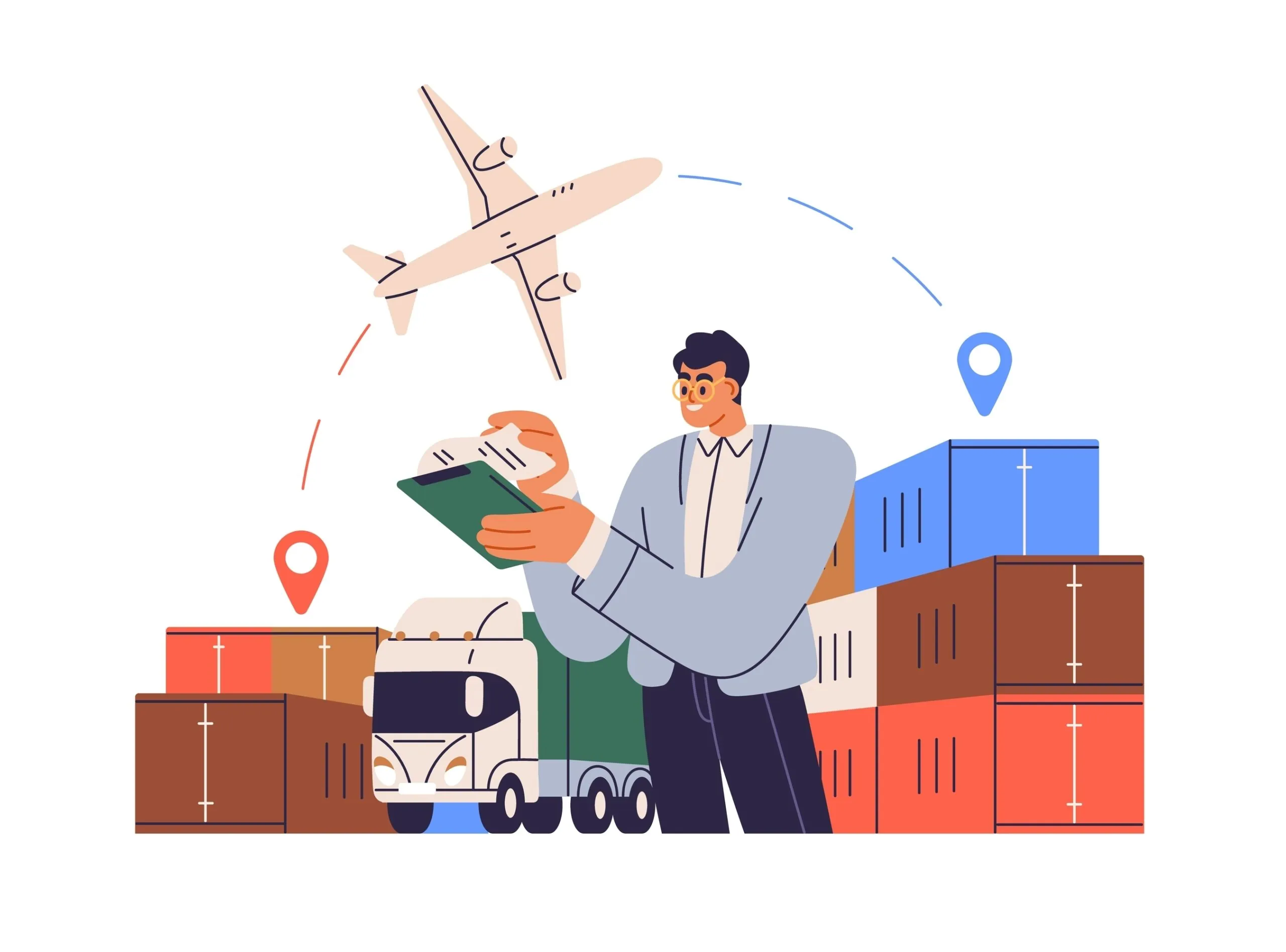 stylized drawing of a man reading a shipping manifest in front of trucks and shipping containers full of patio furniture 