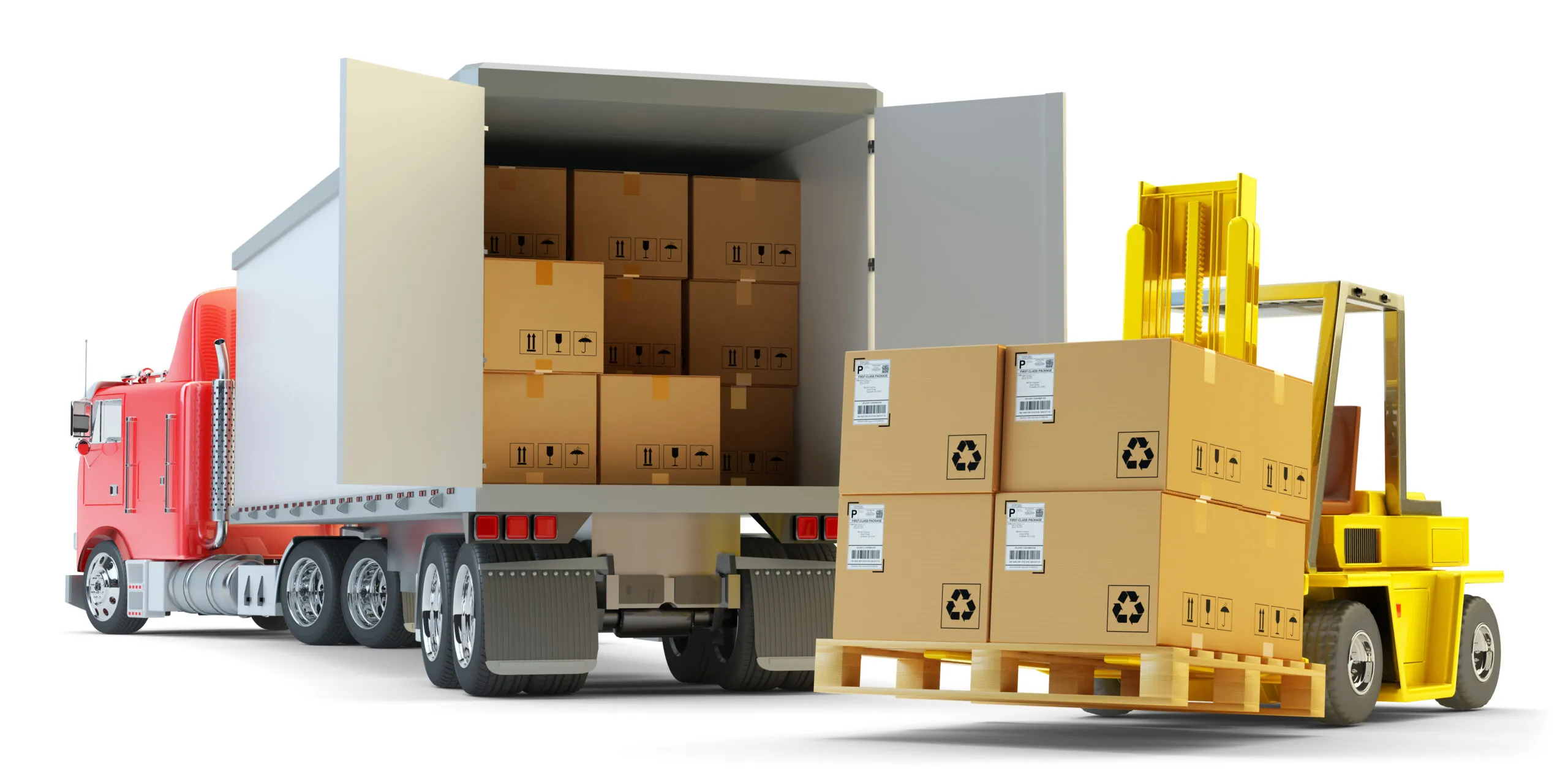 Shipping Hardwood Floors - Yellow forklift loading boxes of flooring onto red freight truck