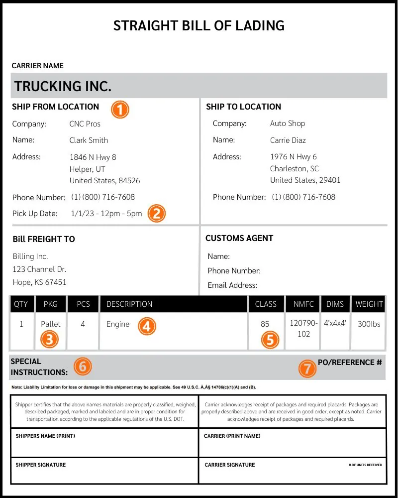 example bill of lading