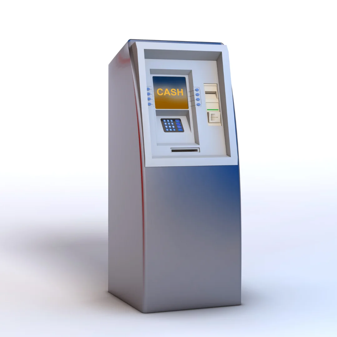one atm machine standing with a white background