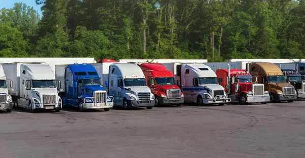 Modern trucks of various colors and models transportation of different kinds of commercial goods stand in row on truck stop parking lot for truck driver rest according to log book.