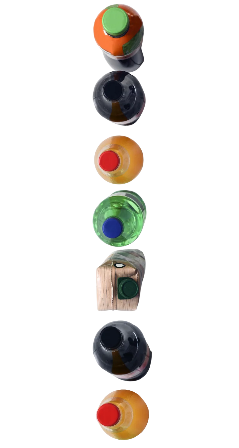 top down view of different bottles of beverages