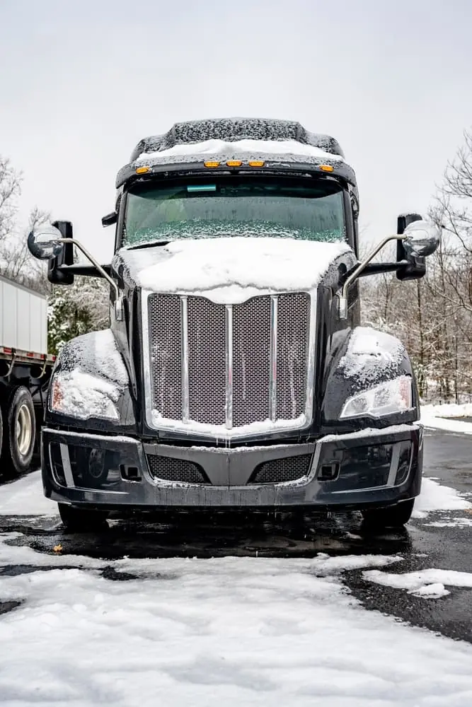 front view of big rig truck in the snow