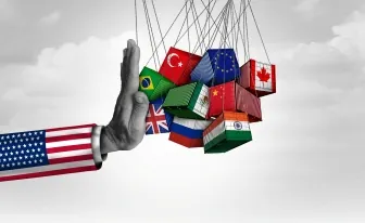 hand with American flag sleeve pushing against various country shipping containers preview