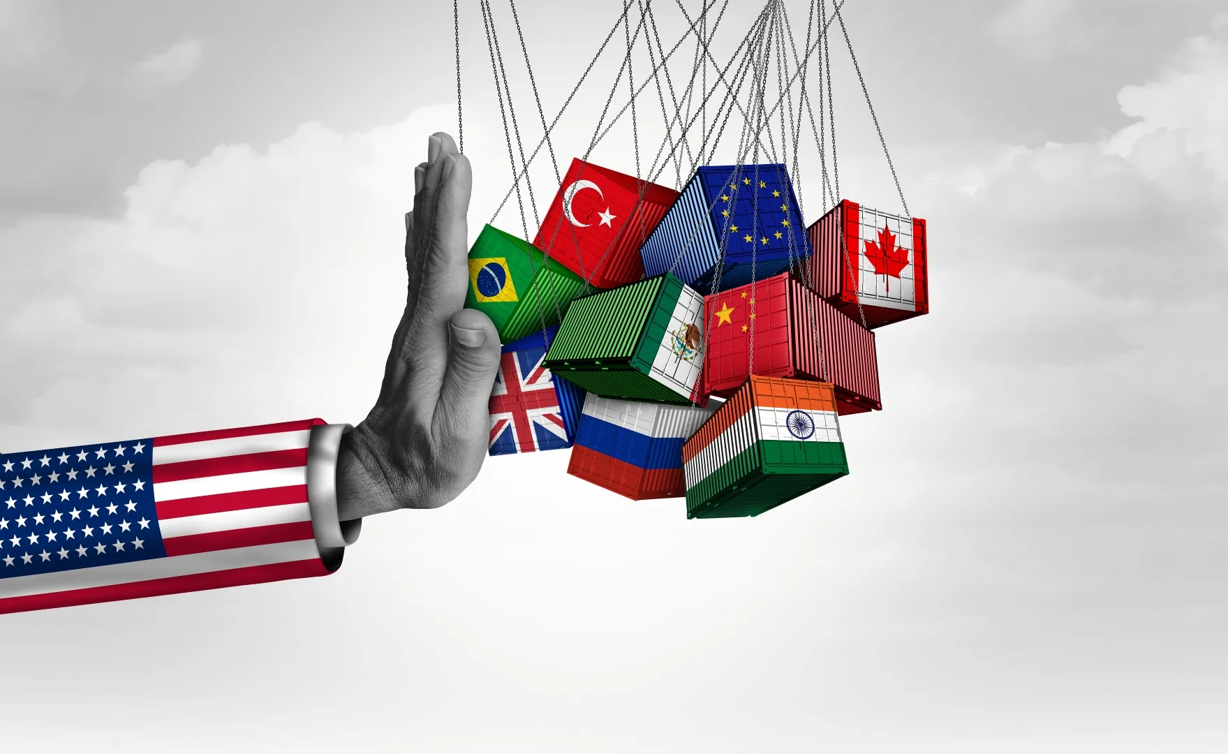 hand with American flag sleeve pushing against various country shipping containers