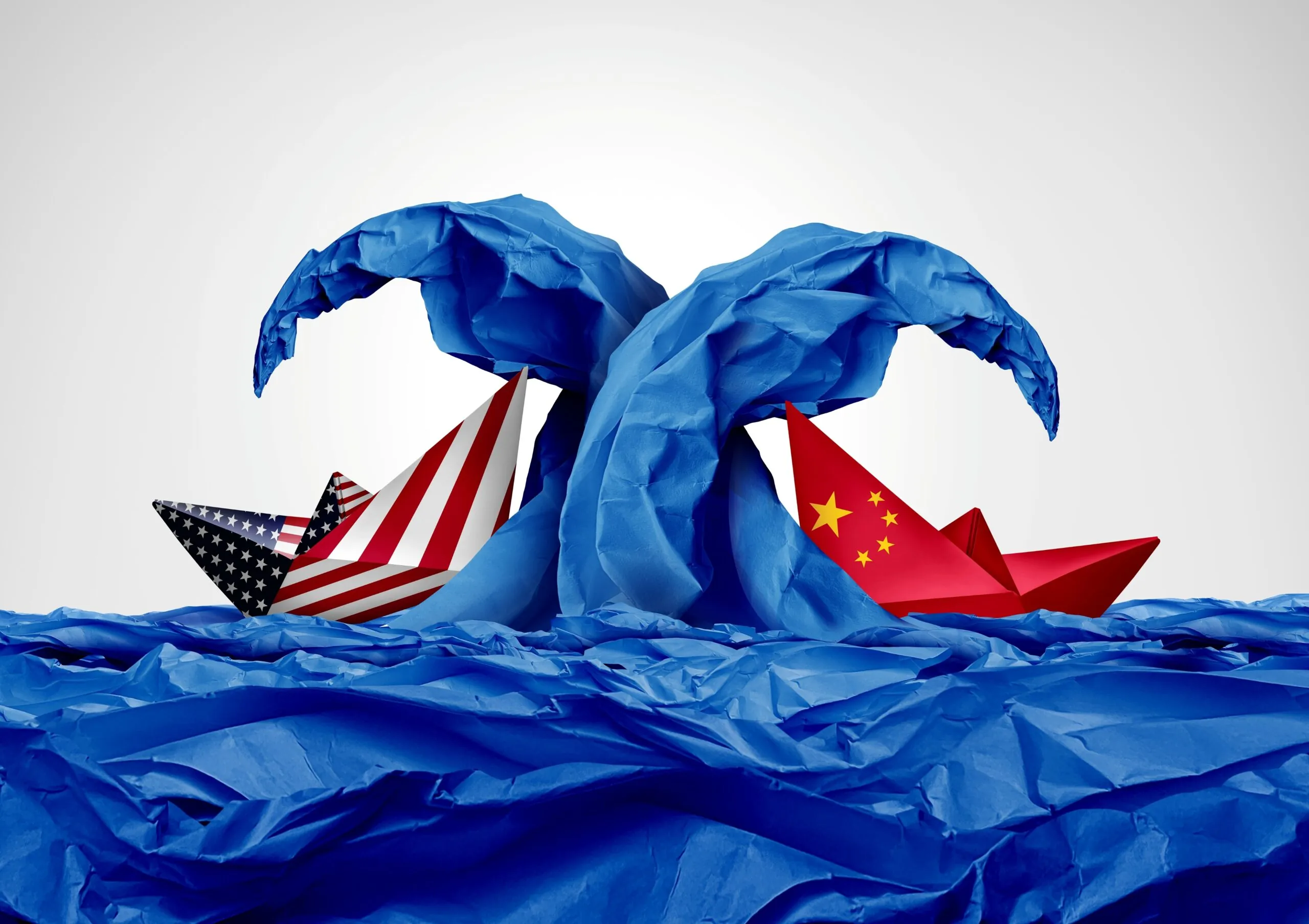 paper boats American flag and Chinese flag on paper sea