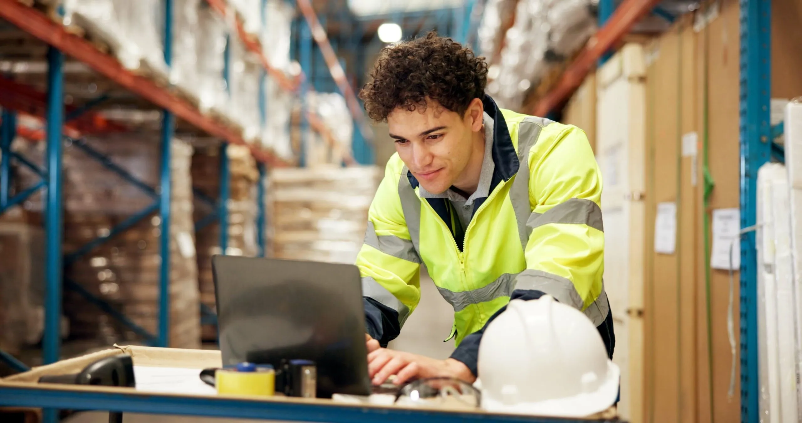 worker typing on laptop in warehouse