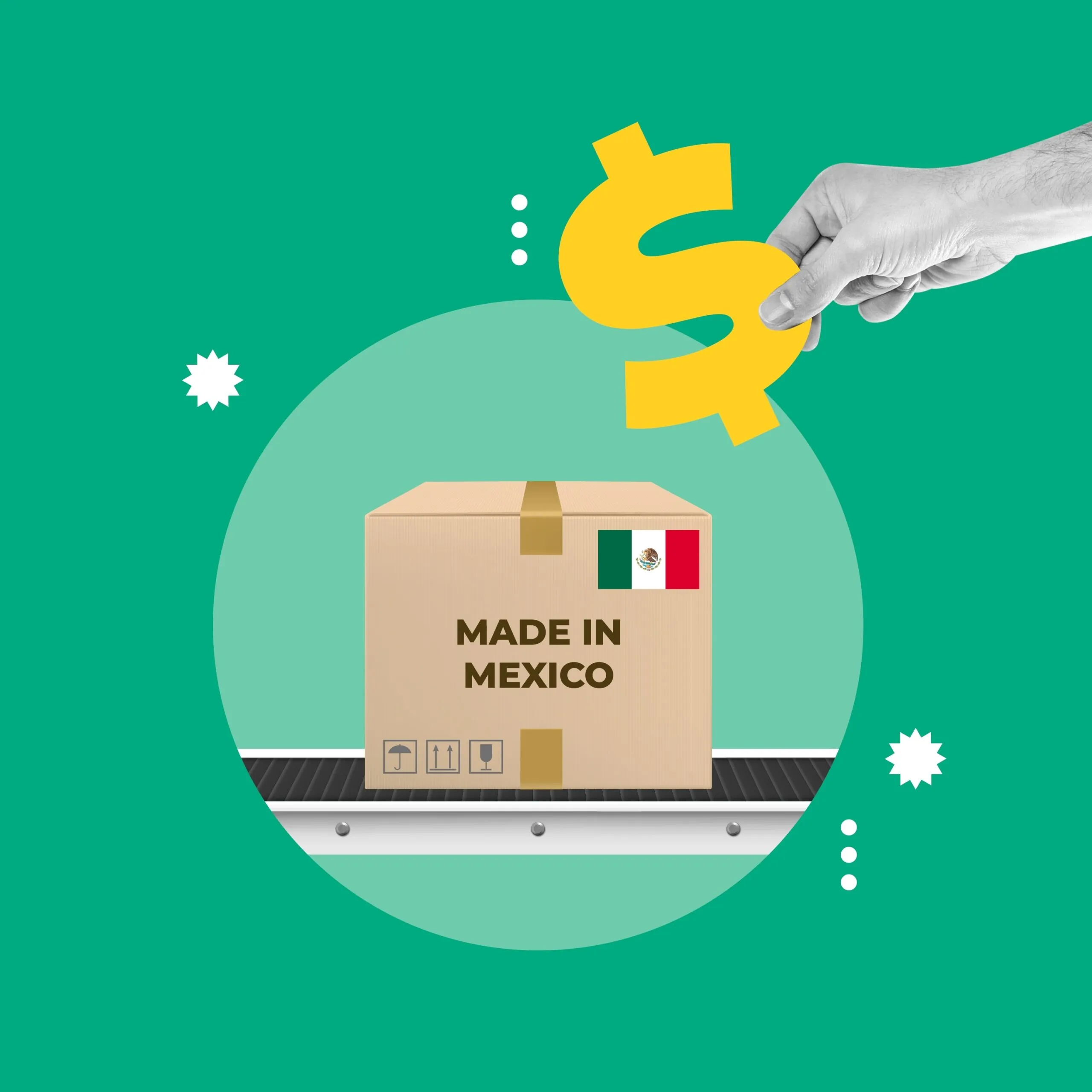 cardboard box on assembly line with made in mexico and dollar sign graphic