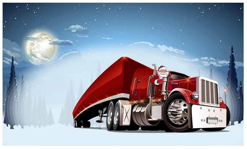 Illustration of holiday season freight shipping red semi truck with Santa driving