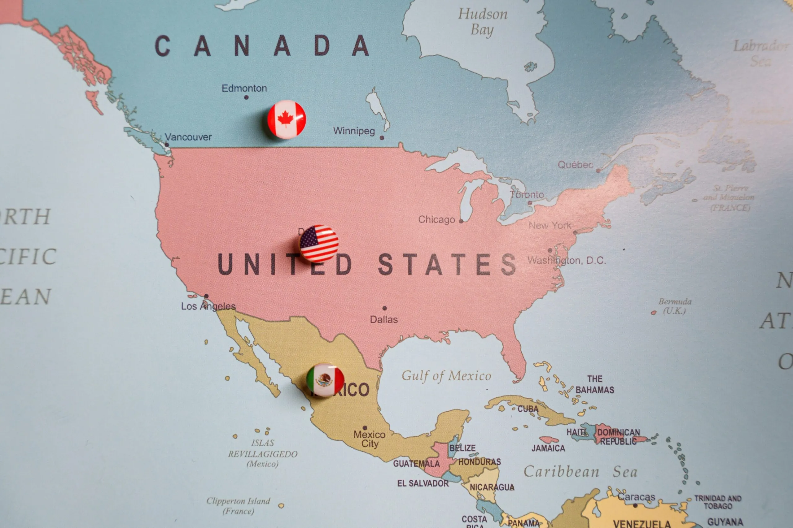 north American map with country push pins