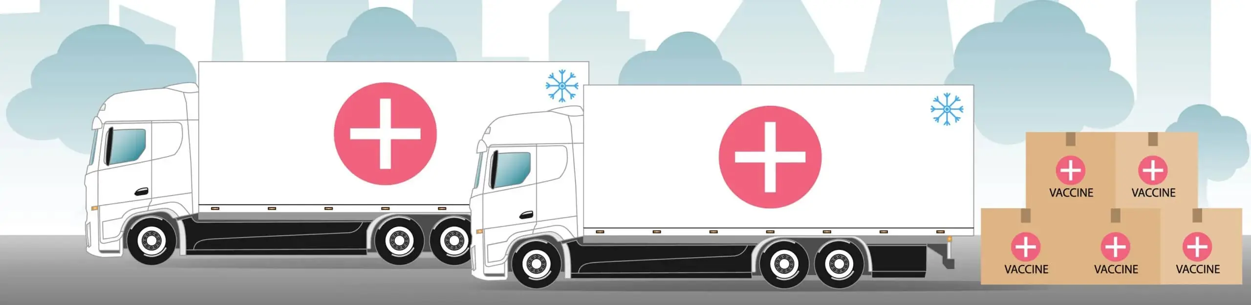 illustration of two trucks shipping vaccines via cold storage trucks