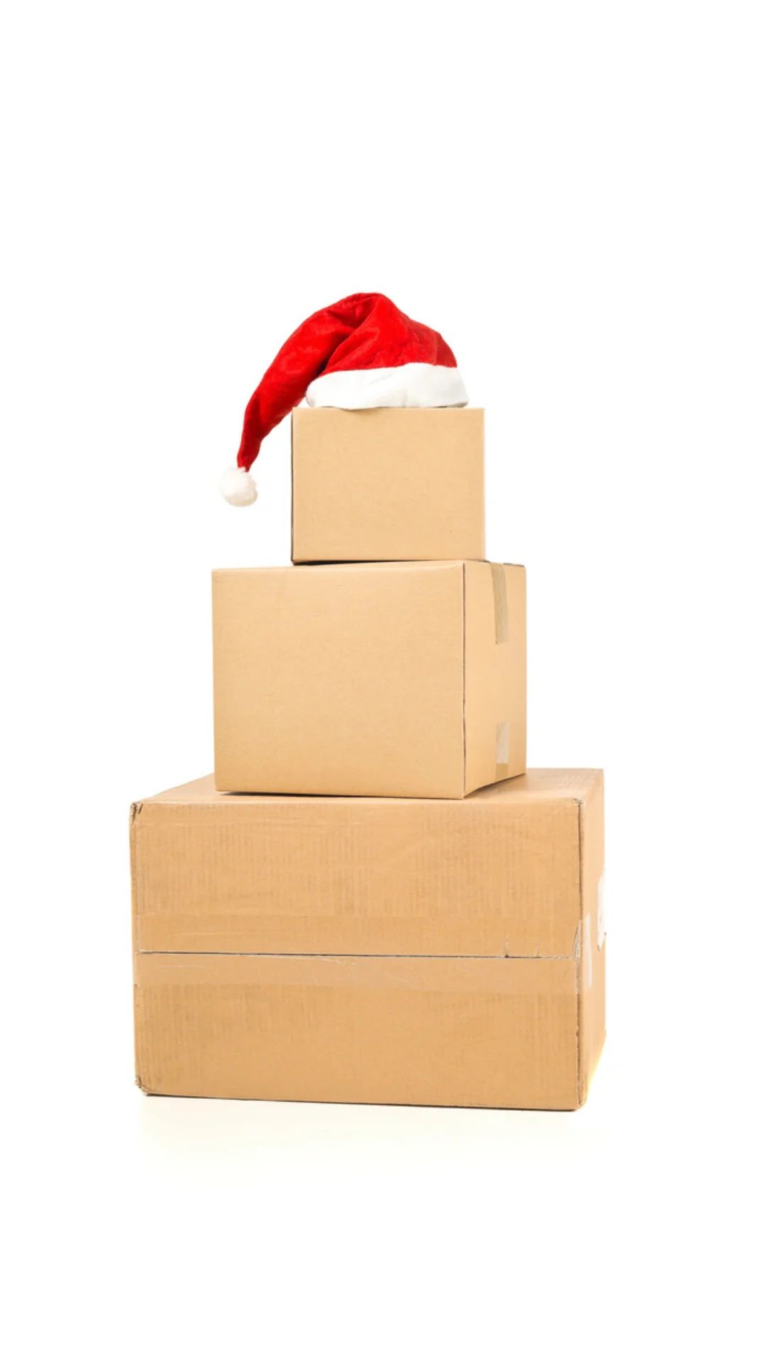stacked holiday packages topped with santa hat